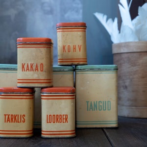 Vintage Estonian Kitchen Canisters – Painted Metal Tins with Labels – Rustic Farmhouse Storage – M & XL Size – Coffee Sold