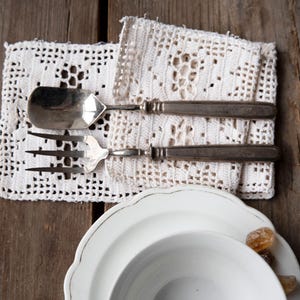 Vintage Cake Fork and Sugar Spoon Set – Elegant Silver Tone Dessert Serving Cutlery – Refined Afternoon Tea Table Styling Props