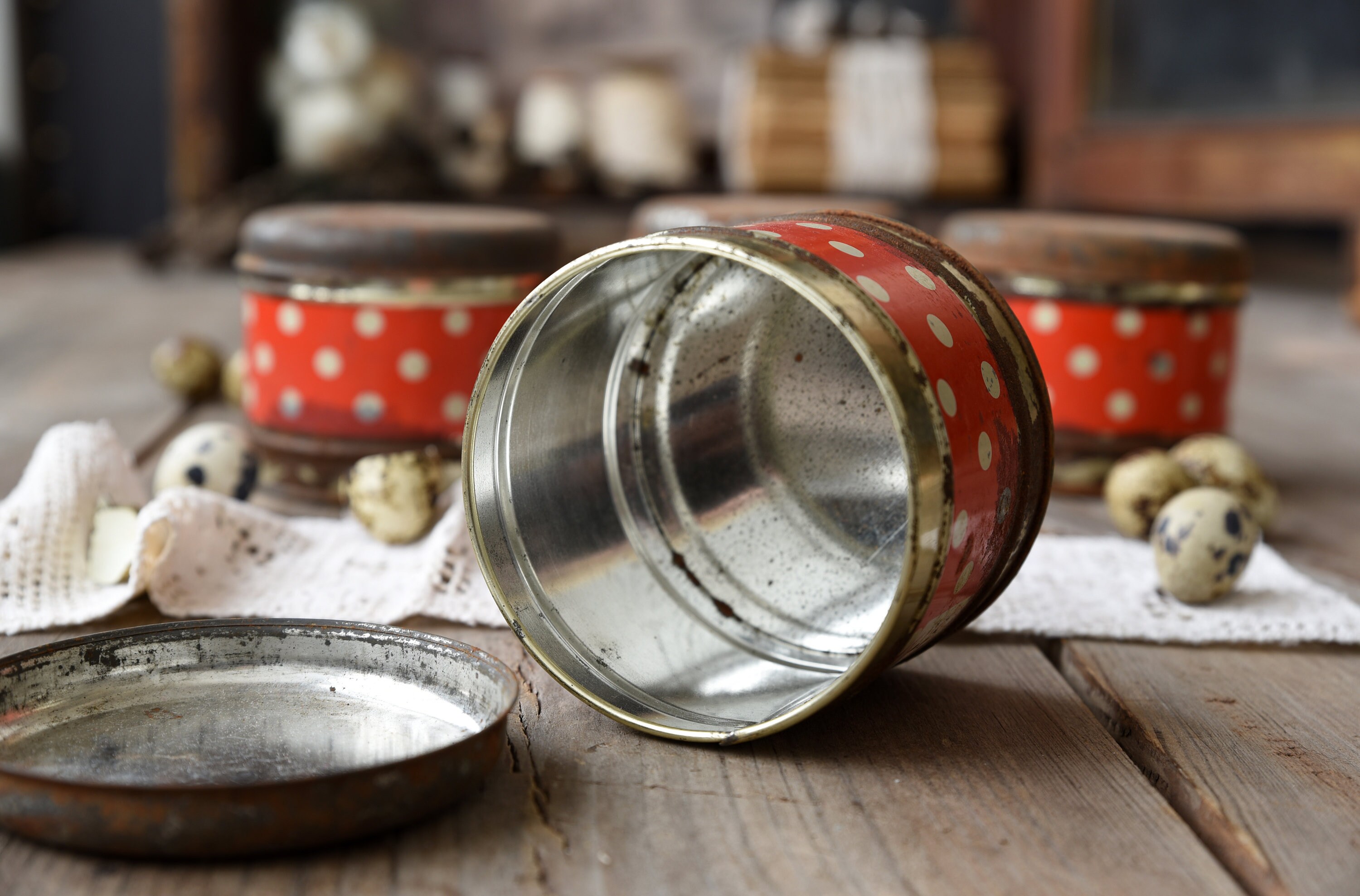 Vintage kitchen tin food containers Red tin containers Polka Etsy