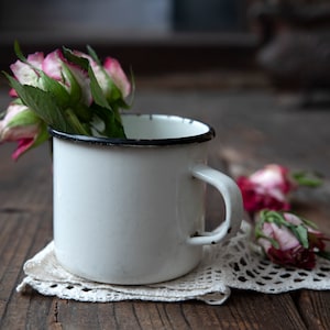 Vintage White Enamel Mug – Rustic Enamelware Cup with Black Rim – Cottagecore Kitchen or Desk Decor – Pencil Holder – Camping Cup