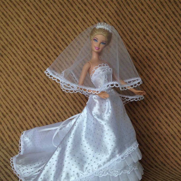 Barbie Wedding Dress Tiara Veil Shoes handmade
