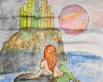 Mermaid Digital Download Watercolor Fantasy Sea Ocean Beach Art