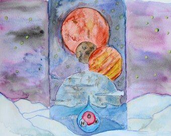 Space Planets Moon Digital Download Watercolor Office Decor Printable Art Galaxy