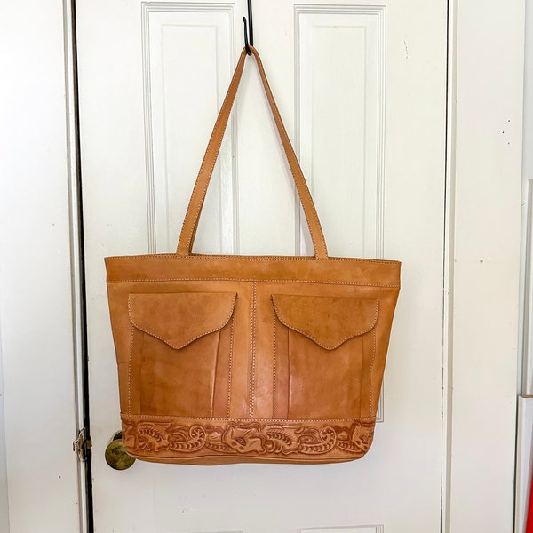 Leather Tote Bag Oversized Purse Travel Bag Carry-All Flap Pockets Tooled Leather Never Used