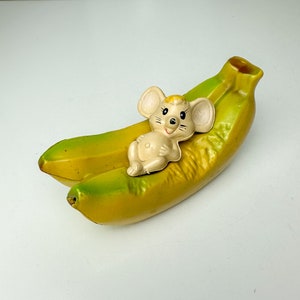 Vintage 1960s Novelty Coin Bank Mouse on Banana Kitsch Made in Hong Kong Collectible Piggy Bank