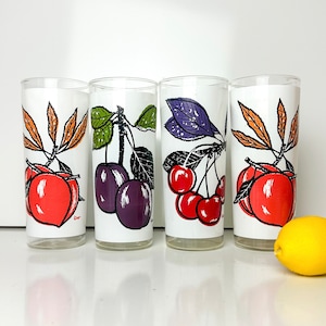 Vintage Set of 4 1950 Cocktail Glass Tumblers  L. Elliot Fruit Design Mid Century Tom Collins Barware MCM Barcart
