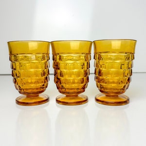 Vintage Whitehall Colony Amber Footed 4oz Juice Glasses Set of 3 Cubist 1970s Mid Century Kitchen