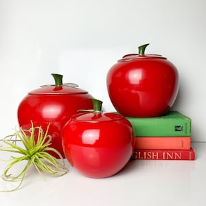 Vintage Canister Set Aluminum Apples Set of 3 Mid Century Kitchen Red Storage Decor