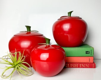 Vintage Canister Set Aluminum Apples Set of 3 Mid Century Kitchen Red Storage Decor