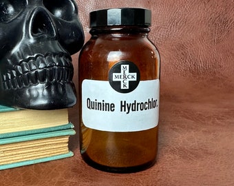 Vintage Amber Merck Quinine Hydrochlor Apothecary Bottle 5” Tall