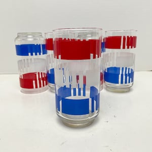Vintage Libbey Drinking Glass Tumblers Set of 5 Red White Blue Stripe Vintage Bar Ware Drinkware