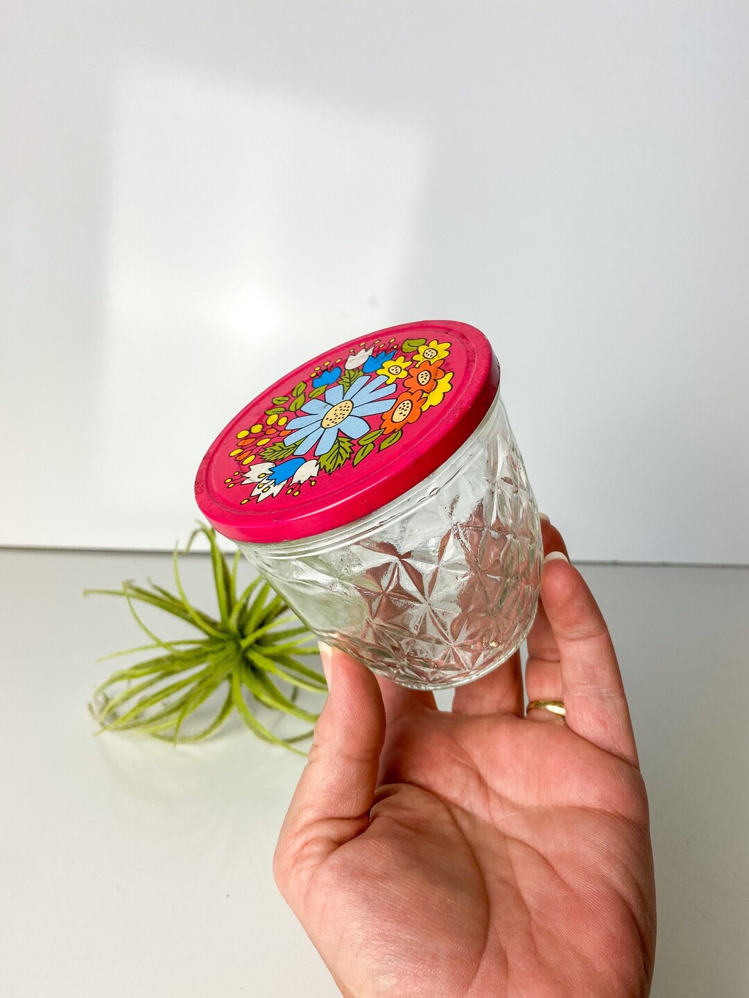 Vintage BALL Jar Quilted Crystal Jelly Jar W/ Tin Floral Snap on Lid