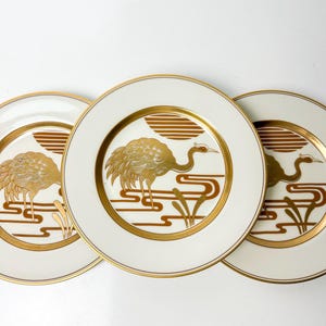 Vintage Fitz & Floyd Golden Heron Fine Porcelain Salad Plate, Made in Japan, 24k Gold, Set of 3