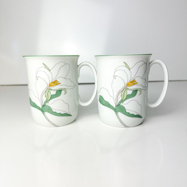 Vintage 1981 PAIR Block Spal Mugs Trillium Flowers Ceramic Watercolor Floral Mugs Made in Portugal Tea Coffee