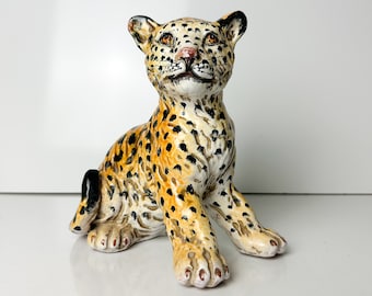 Vintage Leopard Sculpture Pottery Cat Figure Mid Century Home Decor