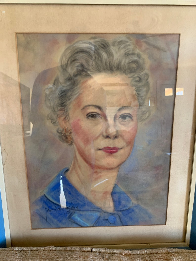 Vintage Chalk Art Portrait / Signed Art / Portrait of Woman / Etsy