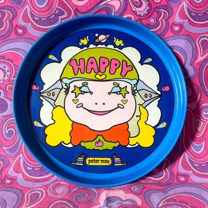 Peter Max Happy Metal Tray 1960s Pop Art Oryginalna sztuka psychodeliczna Kolekcjonerska