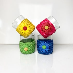 Set of 4 Vintage Juice Glasses with Woven Cozies Retro Barware