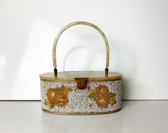 Lucite Purse Embroidery and Beaded Lucite Box Purse Mid Century Fashion Accessory