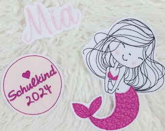 Applikation Aufnäher Schultüte Meerjungfrau Set 3 Teilig Mädchen Flicken Patch Button Filz Handmade gestickt mit Name