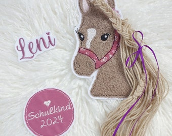 Applikation Aufnäher Schultüte Pferd mit Mähne Set 3 Teilig Pony Mädchen Flicken Patch Button Filz Handmade gestickt mit Wollmähne