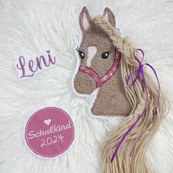 Applikation Aufnäher Schultüte Pferd mit Mähne Set 3 Teilig Pony Mädchen Flicken Patch Button Filz Handmade gestickt mit Wollmähne