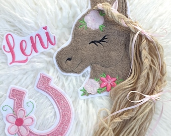 Appliqué patch of a horse with mane/horseshoe made of glitter fabric and name - Set of 3 pieces, pink pony, girl's school cone, pink patch/horse head