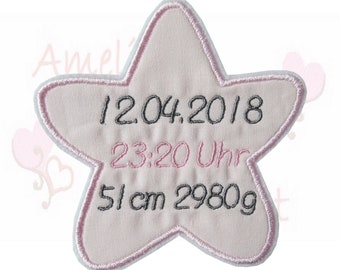 aufnäher Stoffapplikation Stern mit Uhrzeit- Datum - Gewicht - Applikation  stickerei rosa grau taufe geburt baby kinder Bügelbild