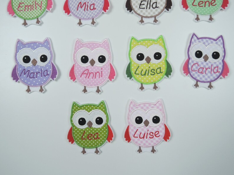 Patch owl with name many colors application ironing pattern embroidered fabric application for ironing uhu kautz personalisert image 4