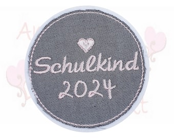 Schulkind 2024 Button - Aufnäher - grau rosa - gestickt - Applikation - Patch - Schultüte -Bügelbild - Handmade