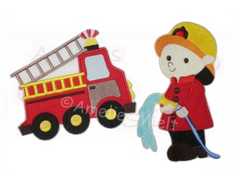 Patch/Applikation/Aufnäher/Bügelbild/ Feuerwehrauto und Feuerwehrmann im Set Feuerwehr Auto, für Kinder, zur Schultüte, als Flicken