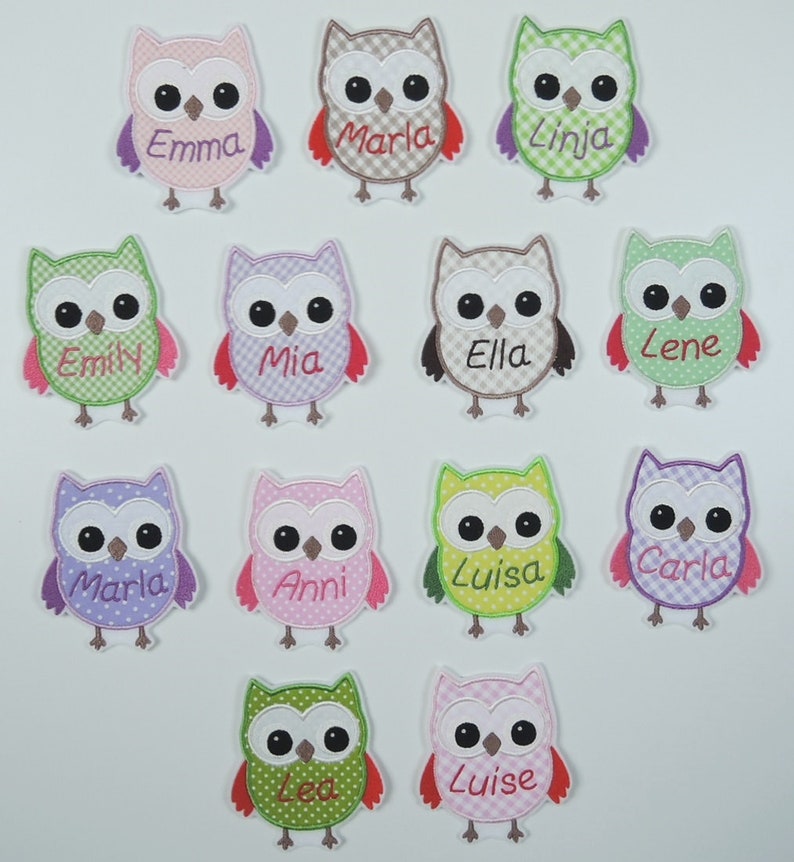 Patch owl with name many colors application ironing pattern embroidered fabric application for ironing uhu kautz personalisert image 2