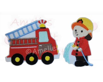 Patch/Applikation/Aufnäher/Bügelbild/ Feuerwehr Feuerwehrauto und Feuerwehrmann im Set