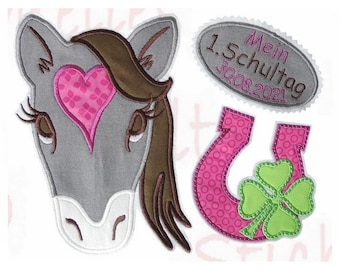 Set Schultag Button großes Pferd und Hufeisen in grau brombeer applikation aufnäher einschulung schultüte basteln nähen bügelbild kinder