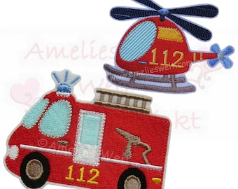 Iron-on patch featuring a fire truck, bus, and helicopter (set of three), embroidered fire engine applique for children