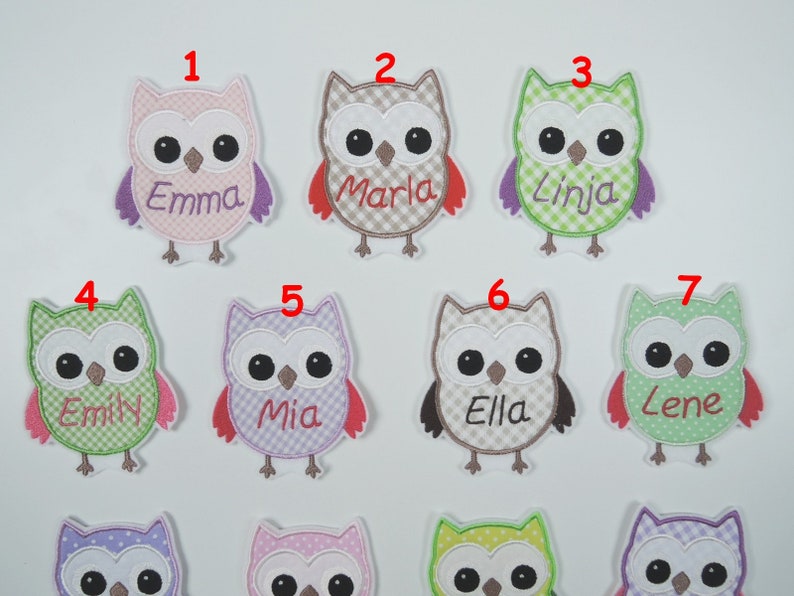 Patch owl with name many colors application ironing pattern embroidered fabric application for ironing uhu kautz personalisert image 5