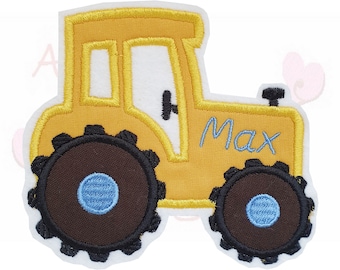 Traktor Trekker mit Name Applikation Aufnäher Bügelbild in Senfgelb patch Gestickt
