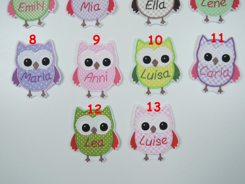 Patch owl with name many colors application ironing pattern embroidered fabric application for ironing uhu kautz personalisert image 6