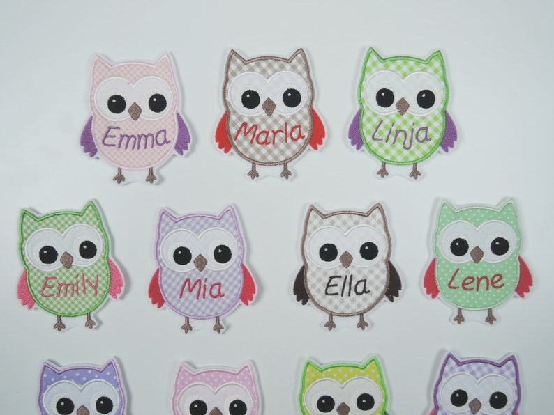 Patch owl with name many colors application ironing pattern embroidered fabric application for ironing uhu kautz personalisert image 3