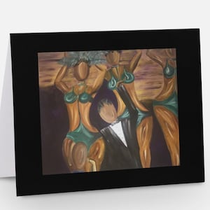 May include: A painting of four figures, three women and one man, in a dark setting. The women are wearing green and black swimsuits and the man is wearing a black tuxedo. The painting is done in a stylized, abstract style.