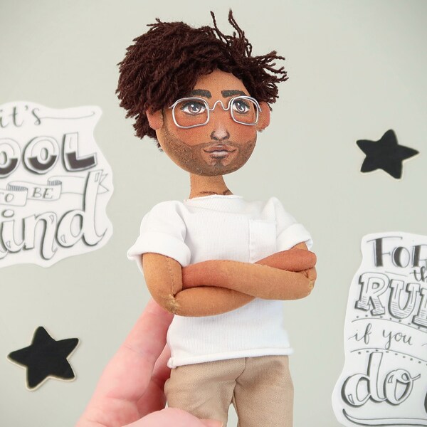 Young black hipster man cloth doll, African American boy with glasses, Handmade collectible fabric doll