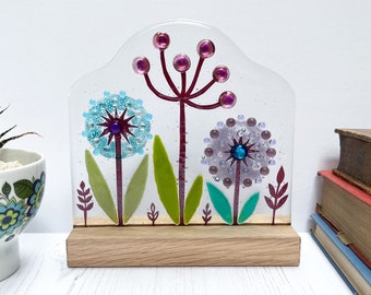 Fused Glass Pink Flowers Sculpture - Handmade Glass on Oak