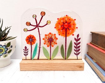Fused Glass Orange Flowers Sculpture - Handmade Glass on Oak