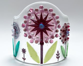 Pink Fused Glass Curved Flowers Sculpture - Handmade Glass