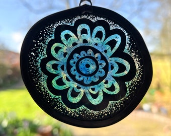 Turquoise and Blue Stained Glass Retro Flower Decoration