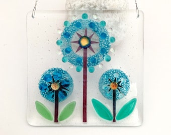 Fused Glass Turquoise and Blue Alliums Suncatcher