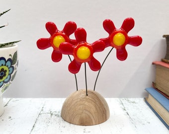 Fused Glass Red Flowers - Mini Sculpture