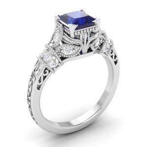 Natural Blue Sapphire Engagement Ring With Diamond 14K White - Etsy