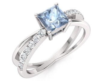 Princess-cut Natural Aquamarine Engagement Ring in 14K White Gold | Aquamarine and Diamond Ring | Aquamarine Ring | Natural Aquamarine Ring