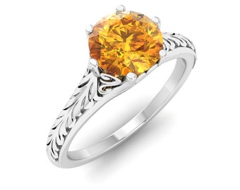 Natural Round Yellow Citrine Engagement Ring | Citrine Vintage Look Ring | Citrine Solitaire Ring | Citrine Ring 14K White Gold | Silver